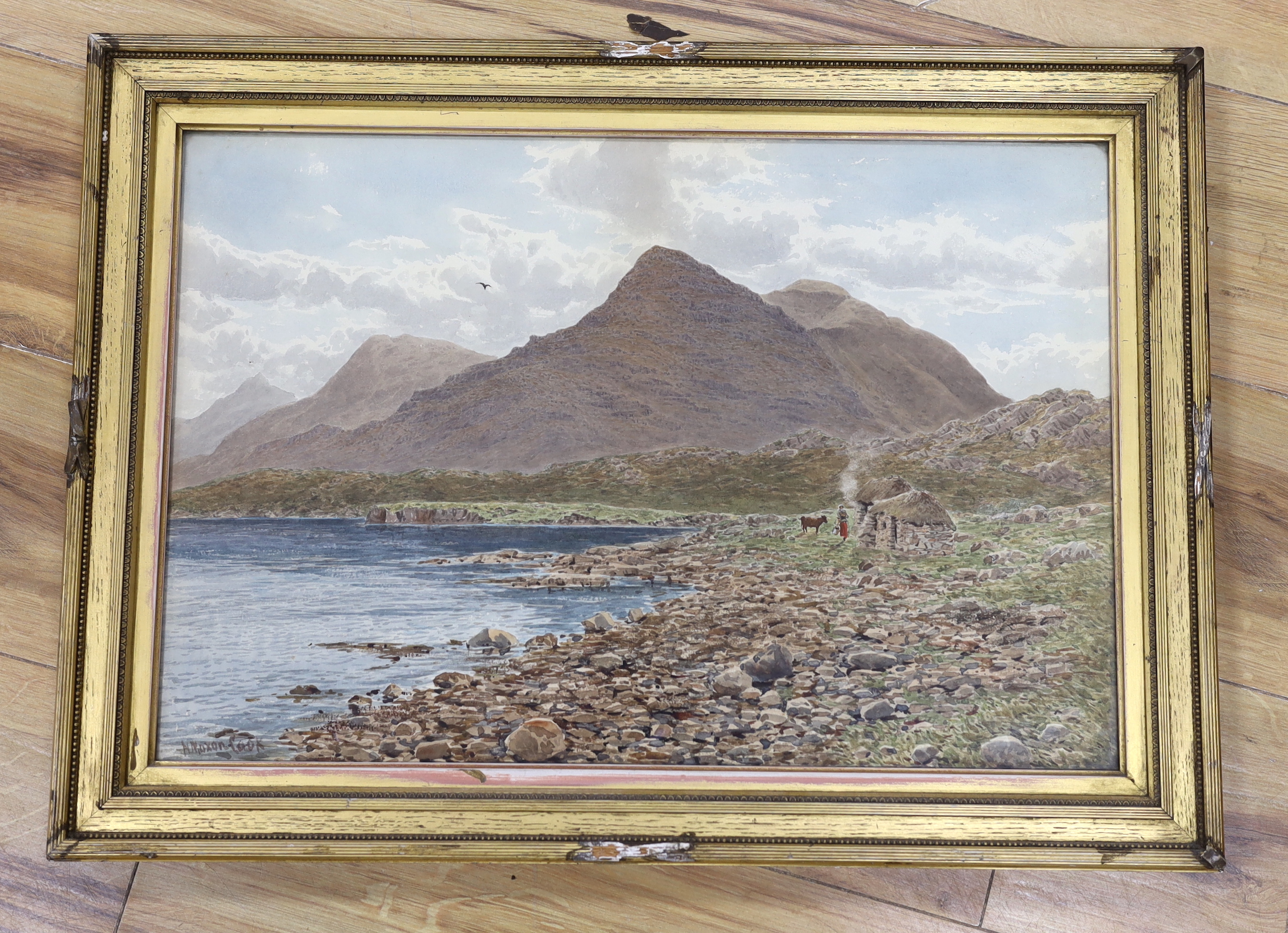 Herbert Moxon Cook (1844-1928), watercolour, Mountainous lakeside landscape with cottages, signed, 34 x 50cm